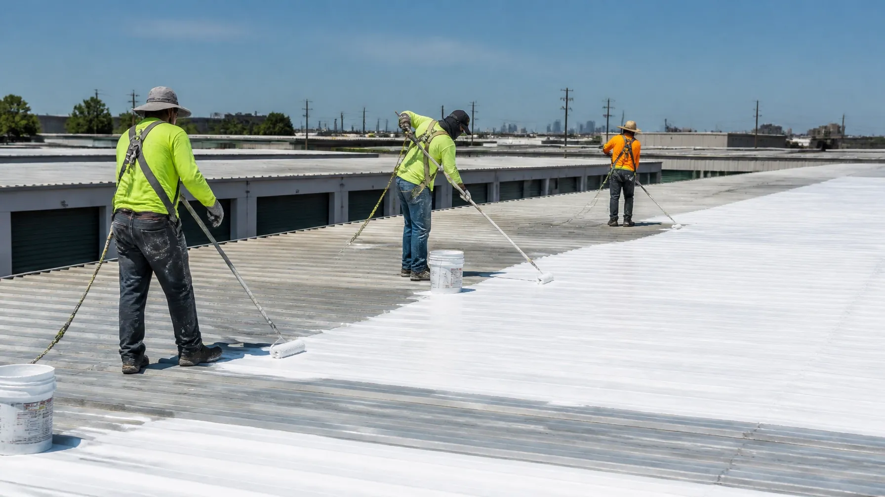 Roofing crew in plain safety gear applying white coating section by section on a self-storage roof