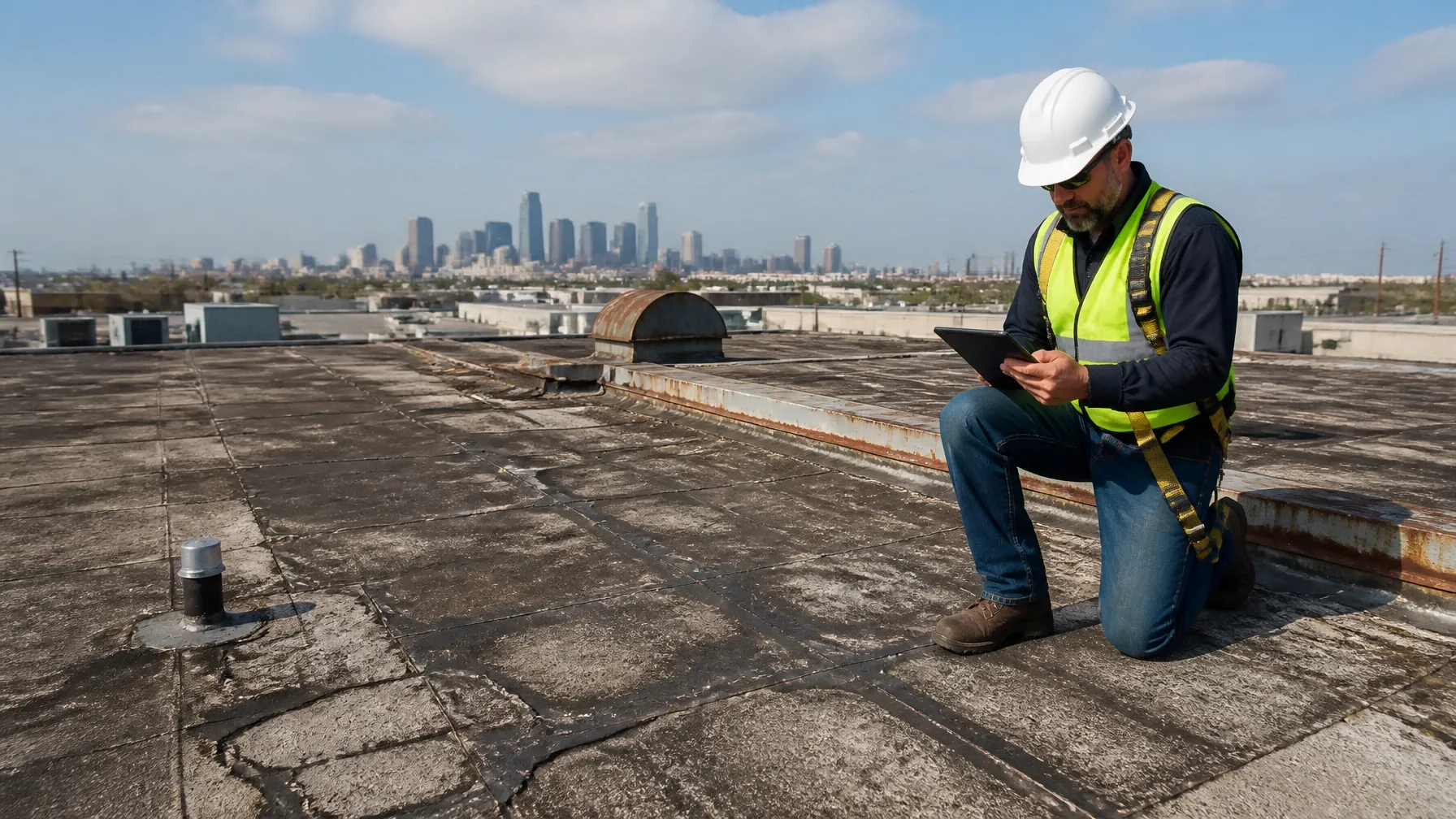 Commercial roofing inspector documenting an aged, uncoated membrane roof with a tablet