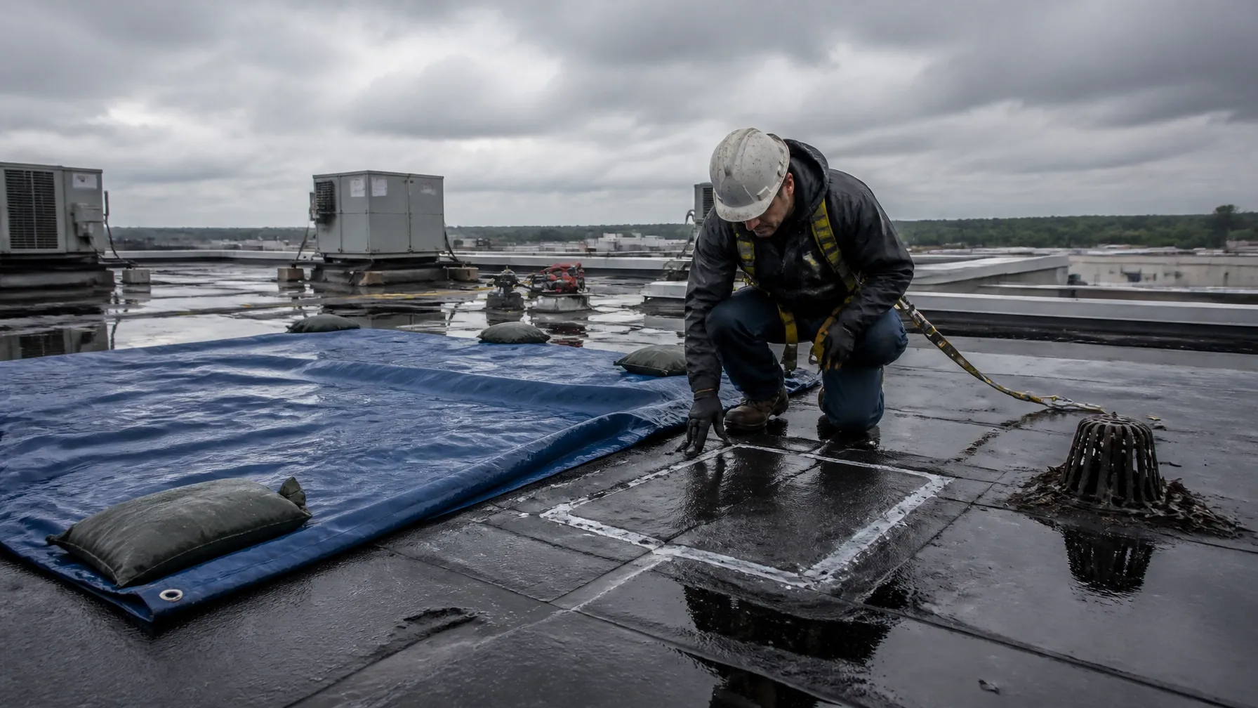 Technician inspecting a tarped leak stabilization area on a wet commercial roof