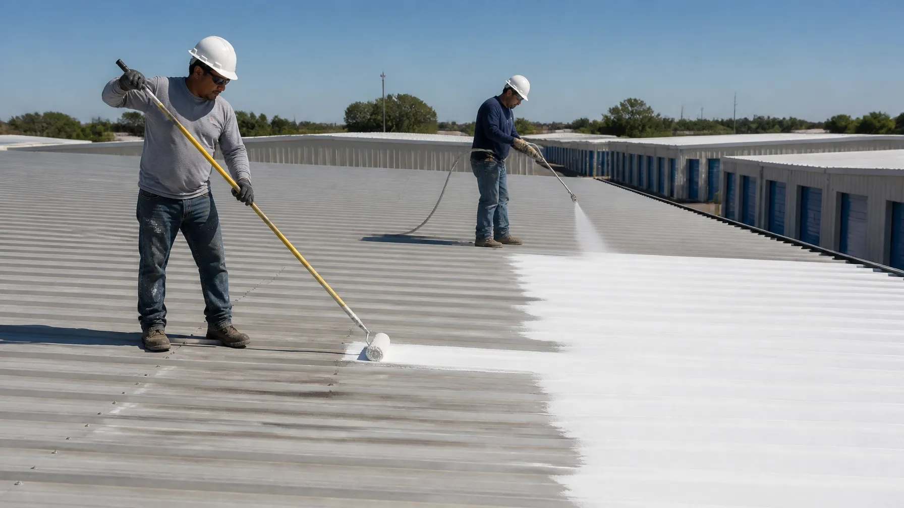 Two roofing crew members applying white roof coating from dry, uncoated metal roof sections at a self-storage facility